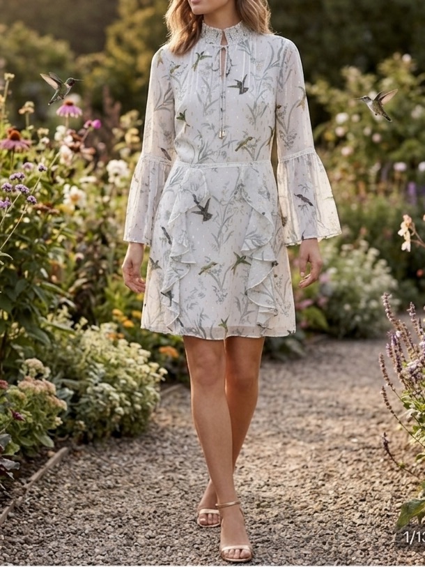 Ted Baker Gray & Green Hummingbird Bell Sleeve Sundress